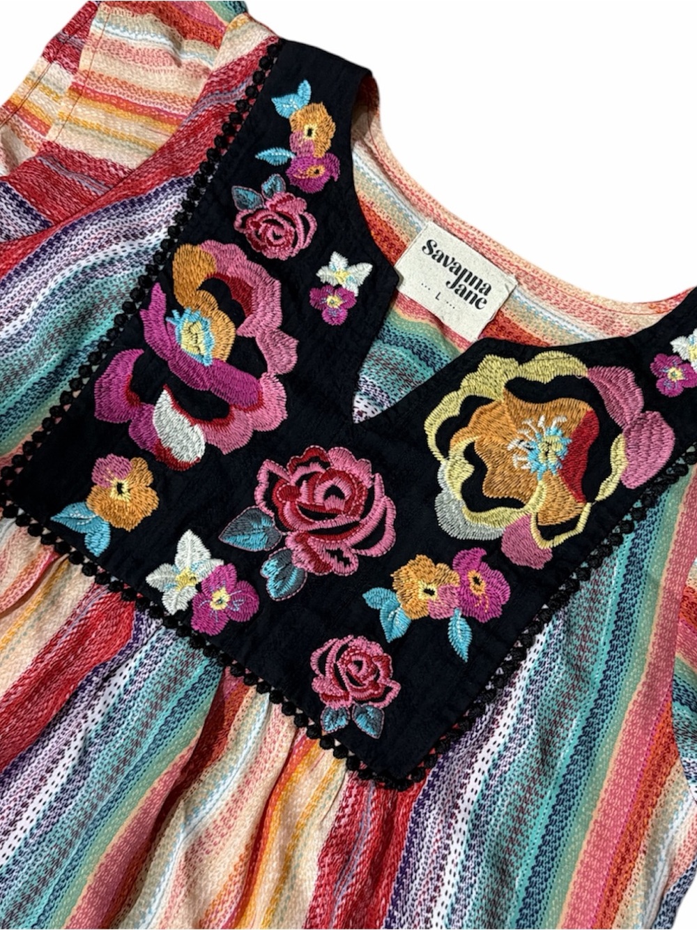 SAVANNA JANE Multi-Color Striped Embroidered Flutter Sleeve Blouse - Picture 2 of 6